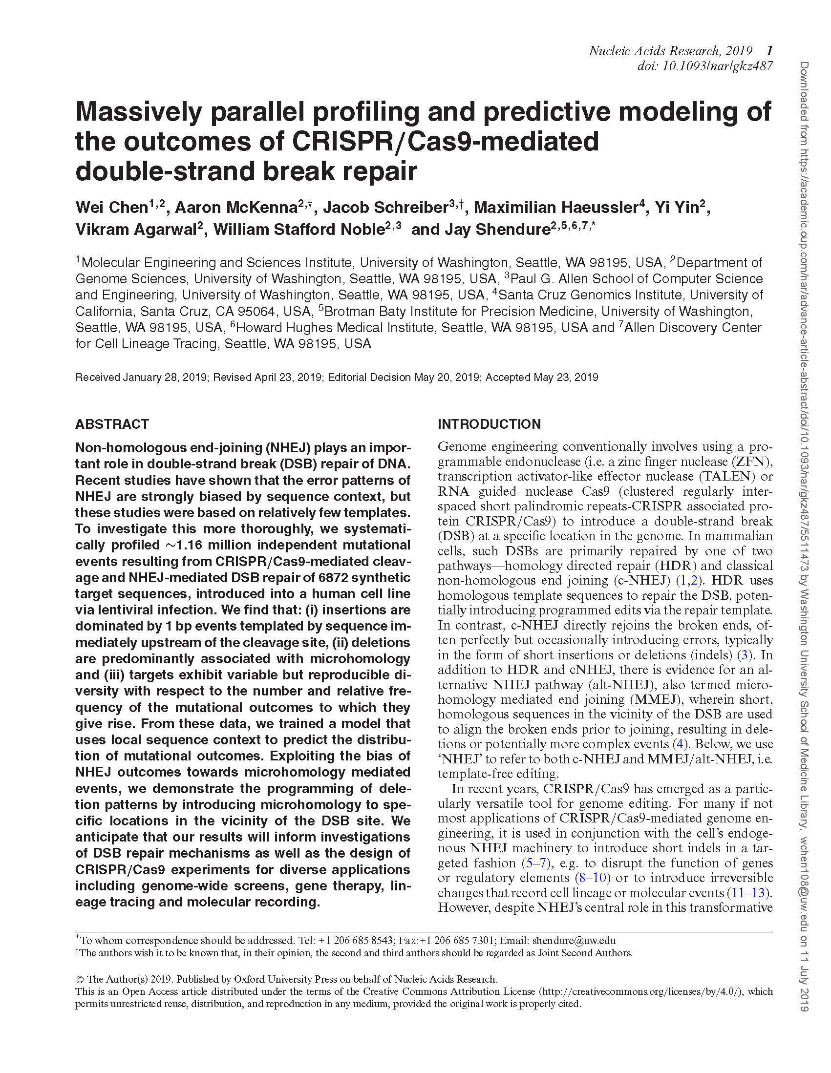 Massively parallel profiling and predictive modeling of the outcomes of CRISPR/Cas9-mediated double-strand break repair