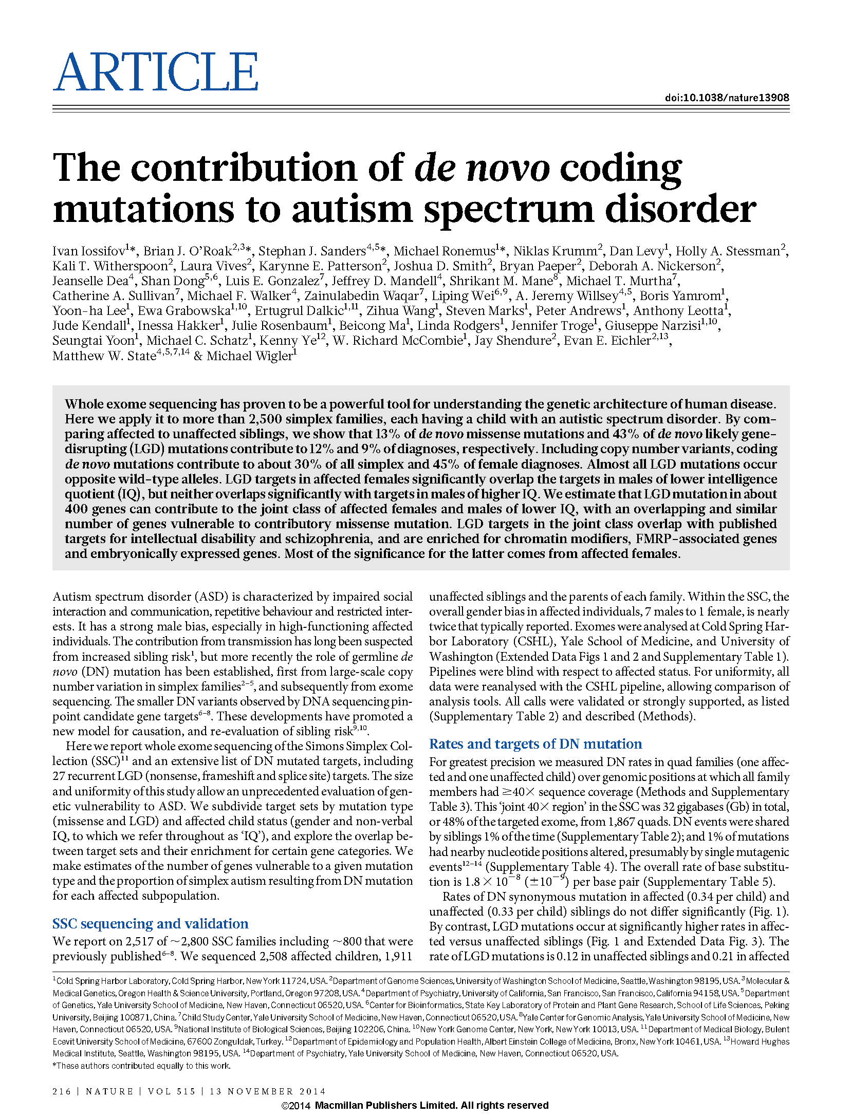 Iossifov, O'Roak, Sanders, Ronemus et al