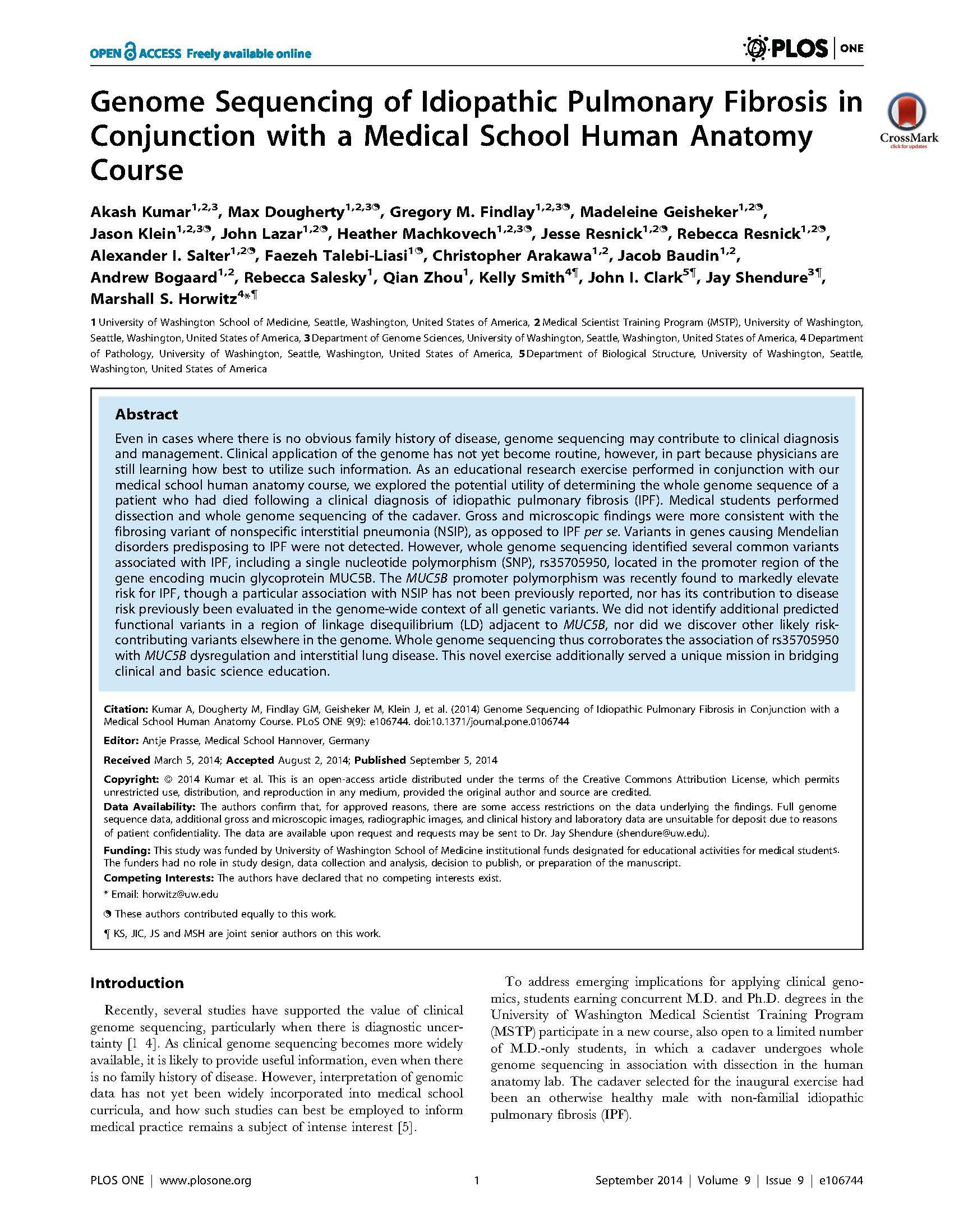 Genome sequencing of idiopathic pulmonary fibrosis in conjunction with a medical school human anatomy course