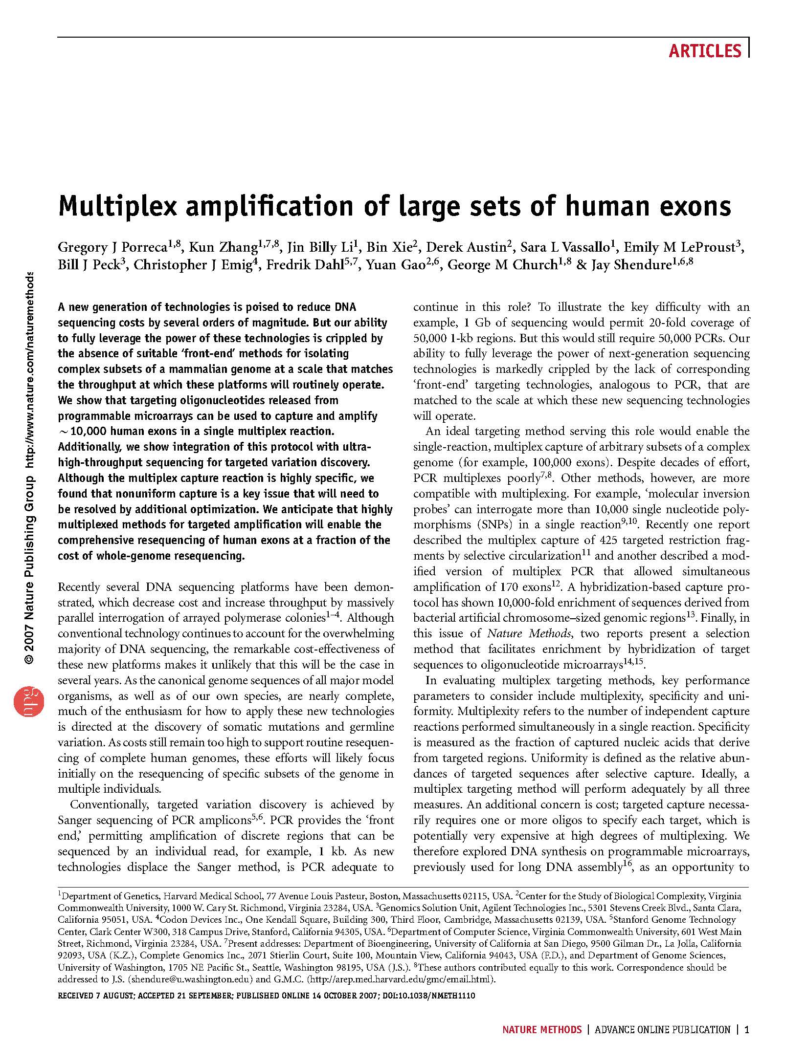 Multiplex Amplification of Large Sets of Human Exons